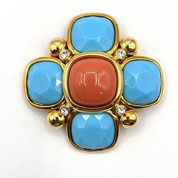 JOAN RIVERS Maltese Brooch Faux Turquoise & Coral Cabochon Brooch 2.25" - Picture 2 of 9